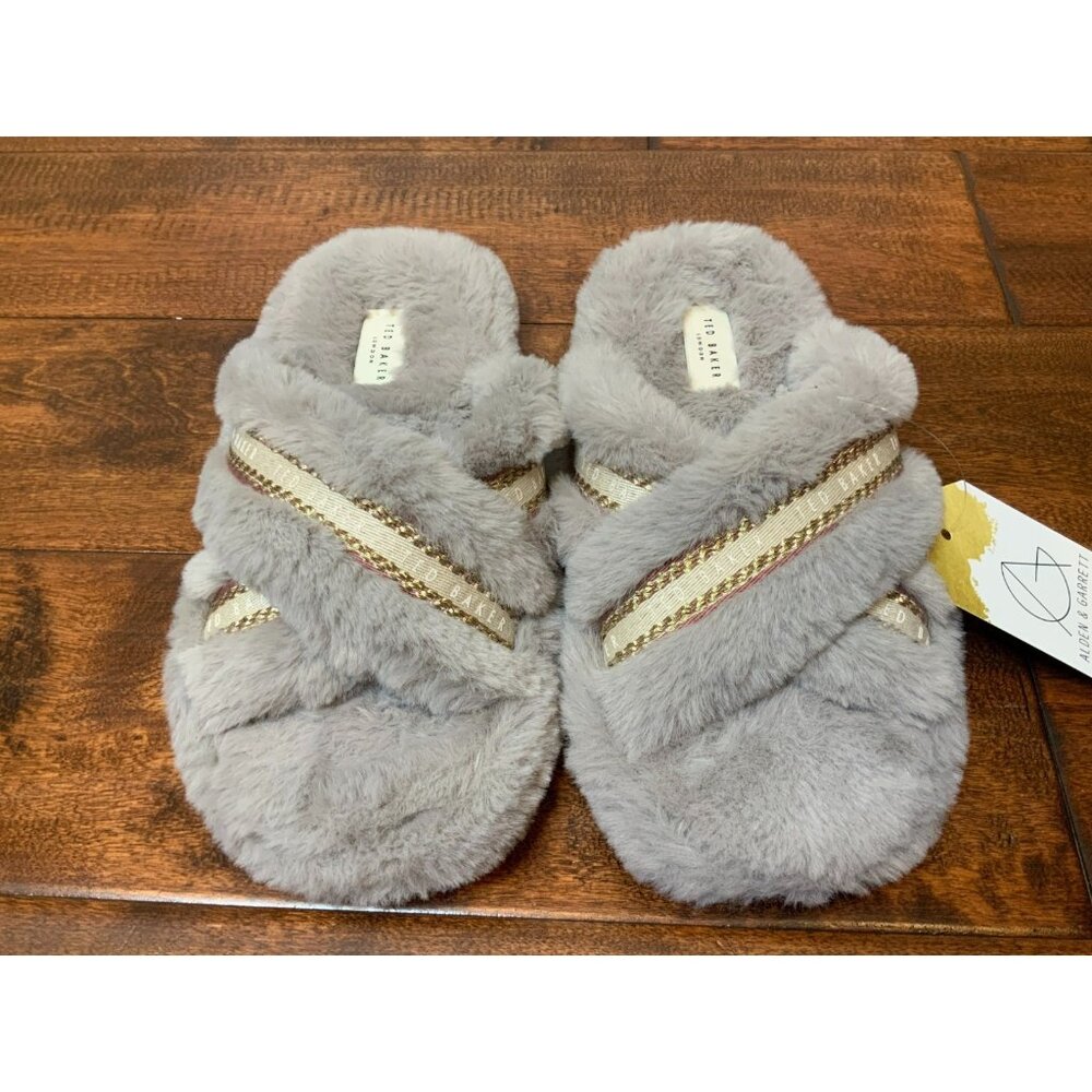 Ted Baker Faux Fur Fuzzy Cross Over Slip On Slippers, Size 38 | 7, NWOB! $75